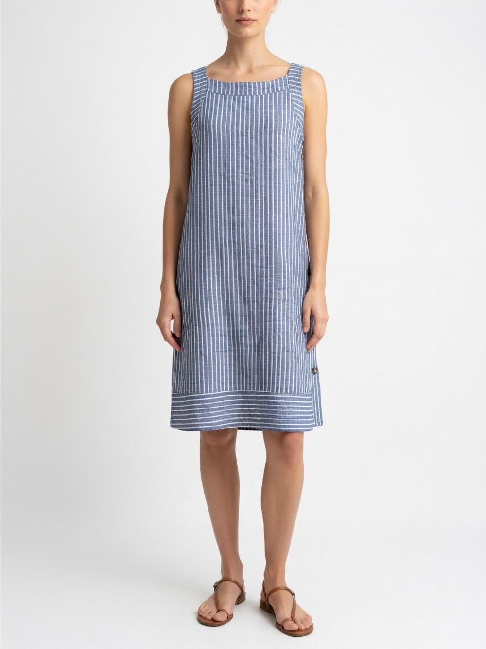 Linen Blend Sailor Blue & White Stripes Button Side Keyhole Straight Fit Dress